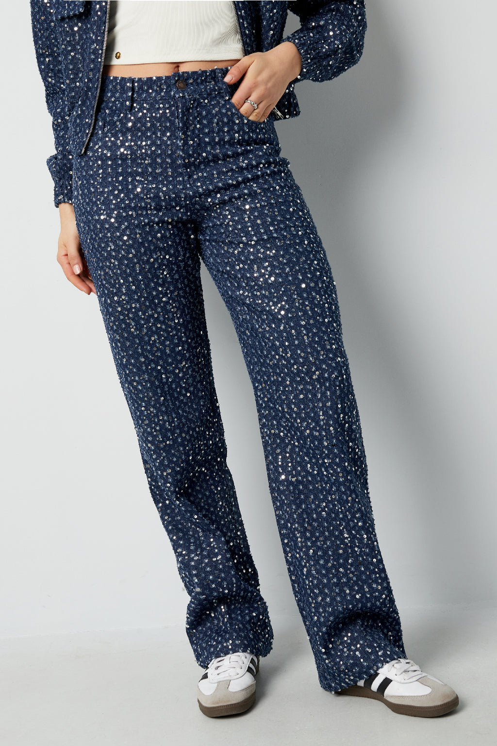 Jeans Tessuto Pantaloni Dritti Donna Casual Paillettes