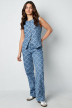 Cotone Top Senza Maniche Donna Bottone Motivo Geometrico