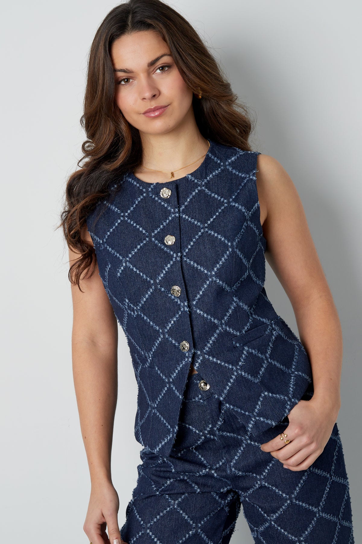 Cotone Top Senza Maniche Donna Bottone Motivo Geometrico