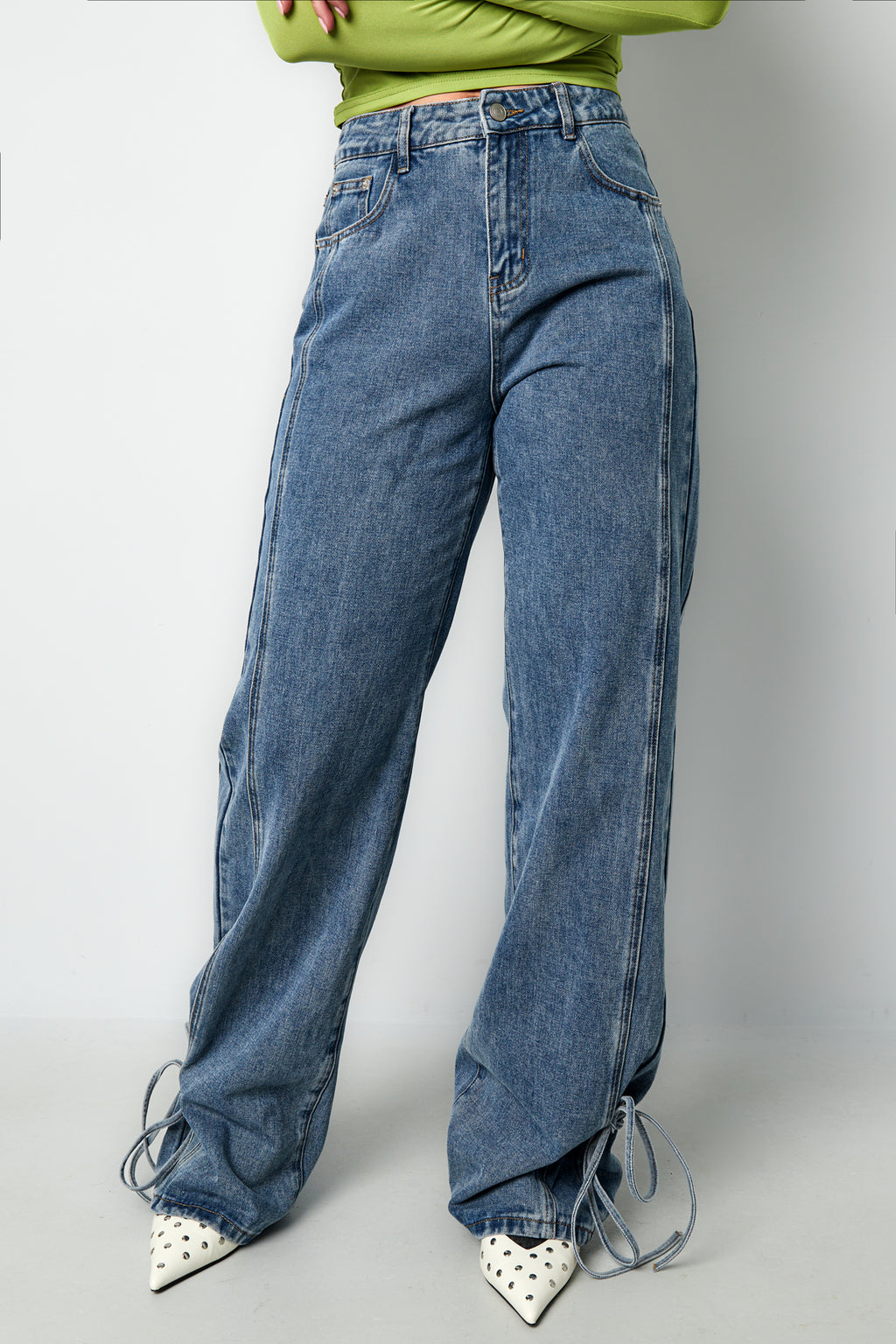 Cotone Tessuto Pantaloni Dritti Donna Stile Casual Dettaglio Nodo