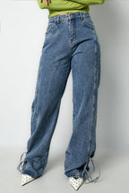 Cotone Tessuto Pantaloni Dritti Donna Stile Casual Dettaglio Nodo
