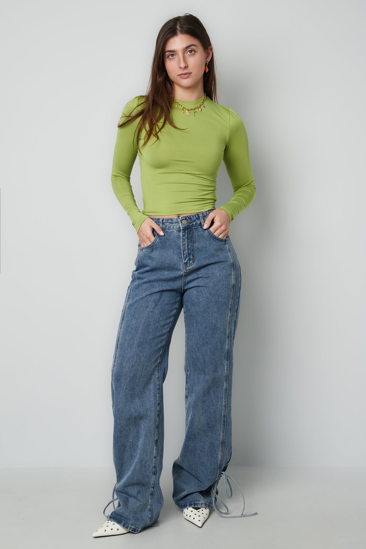 Cotone Tessuto Pantaloni Dritti Donna Stile Casual Dettaglio Nodo