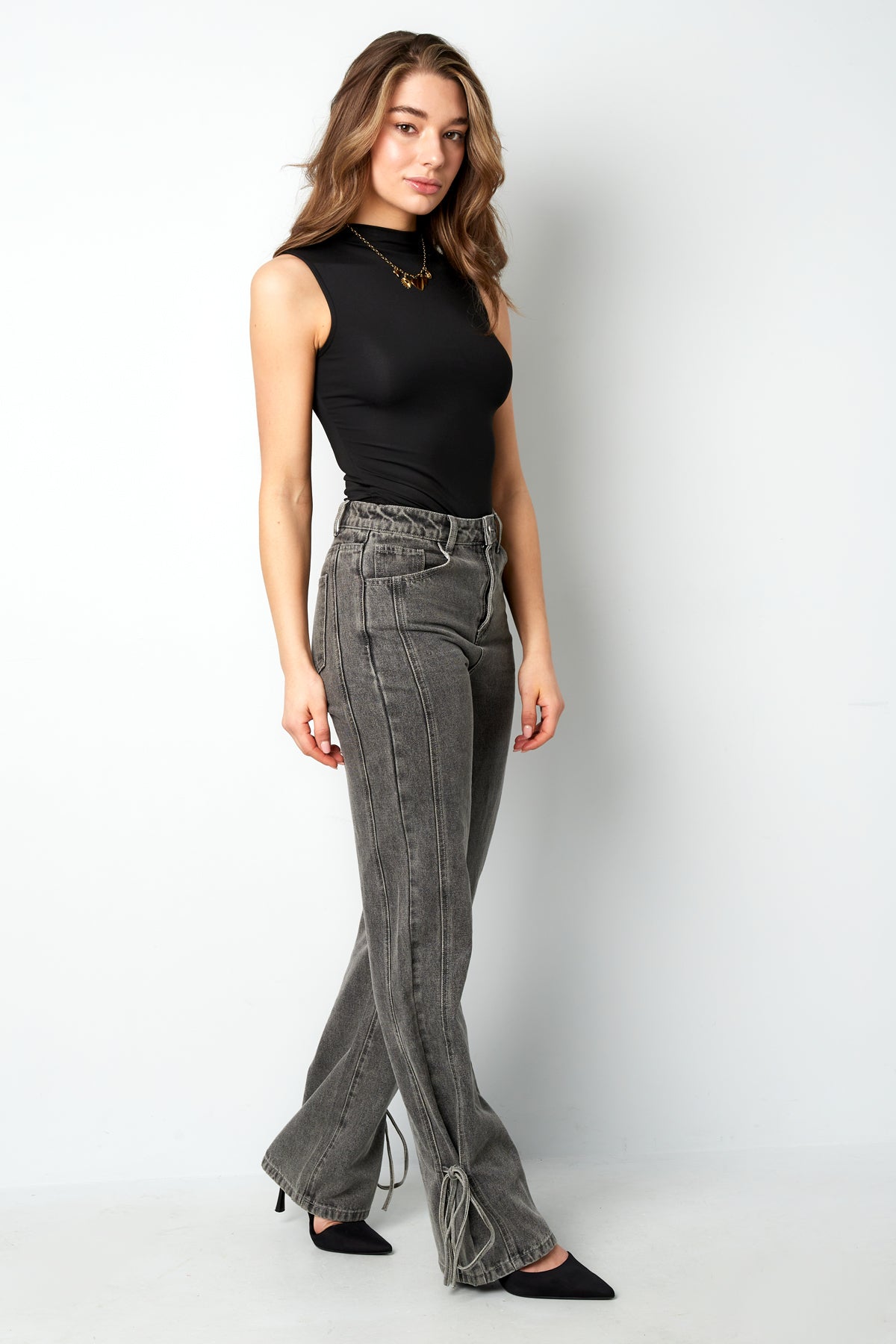 Cotone Tessuto Pantaloni Dritti Donna Stile Casual Dettaglio Nodo