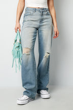 Cotton Woven Donna Jeans Pantaloni Dritti Ripped