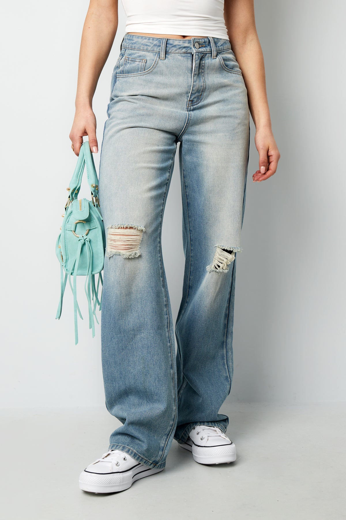 Cotton Woven Donna Jeans Pantaloni Dritti Ripped