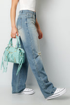 Cotton Woven Donna Jeans Pantaloni Dritti Ripped
