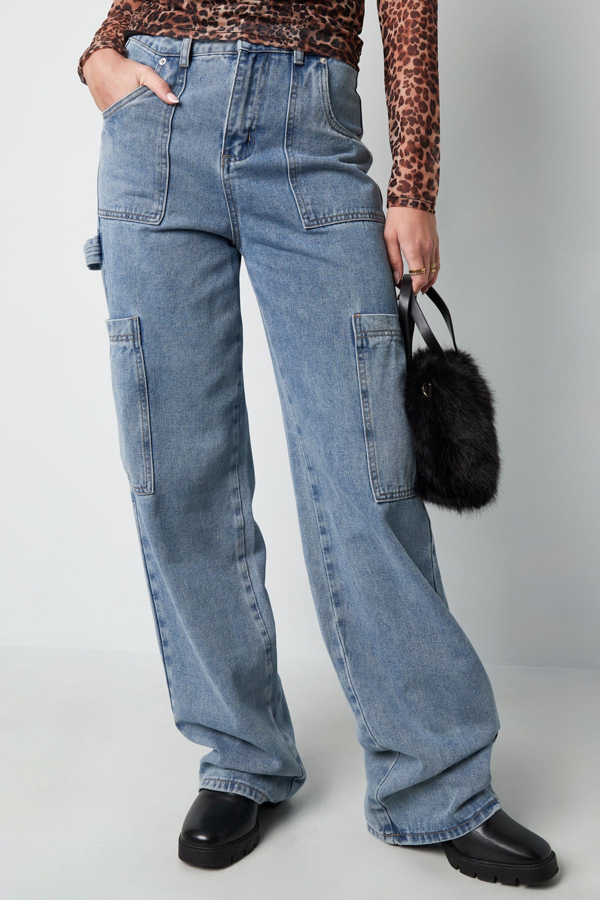 Cotone Tessuto Pantaloni Dritti Donna Casual Colore Puro Indaco Medio
