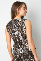 Cotone Top Senza Maniche Donna Stampa Leopardo Chiusura con Pulsanti