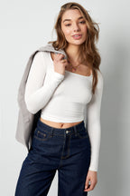 Maglia in Poliestere Donna Maniche Lunghe Crop Top Collo Quadrato Taglio Bodycon