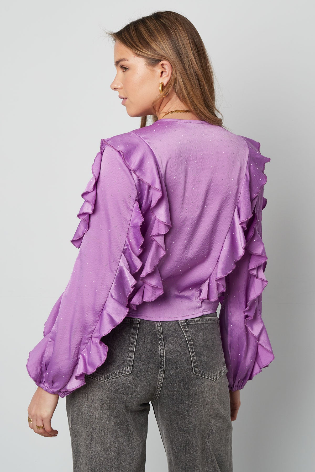 Poliestere Donna Maglia Maniche Lunghe Volant Anteriore Nodo