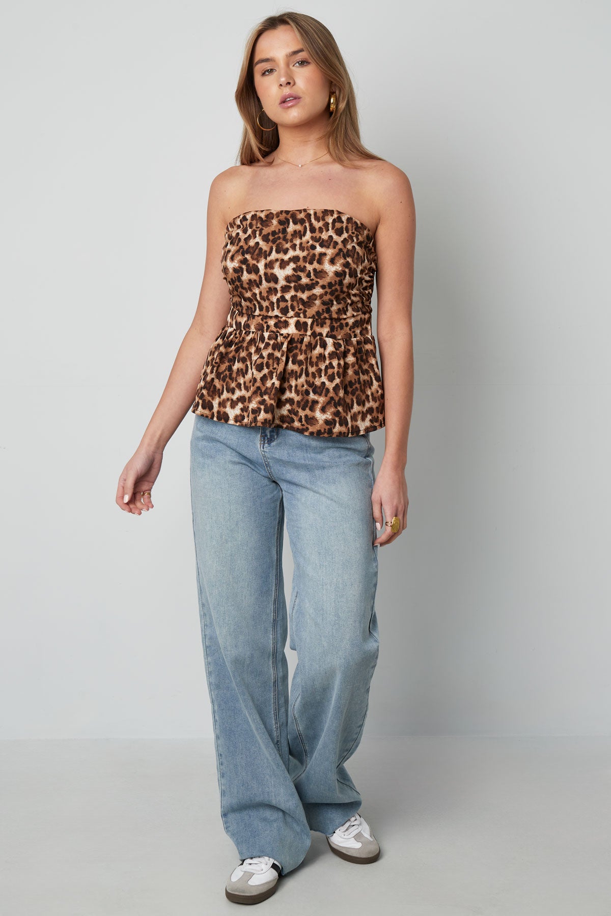 Top Senza Spalline Donna in Poliestere Stampa Leopardo Design Peplum