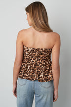 Top Senza Spalline Donna in Poliestere Stampa Leopardo Design Peplum