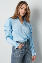 Camicia Donna Manica Lunga in Poliestere con Volant Collo a V