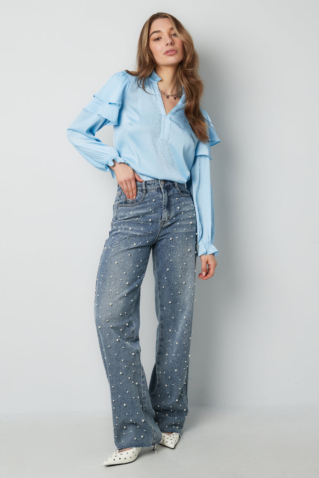 Camicia Donna Manica Lunga in Poliestere con Volant Collo a V
