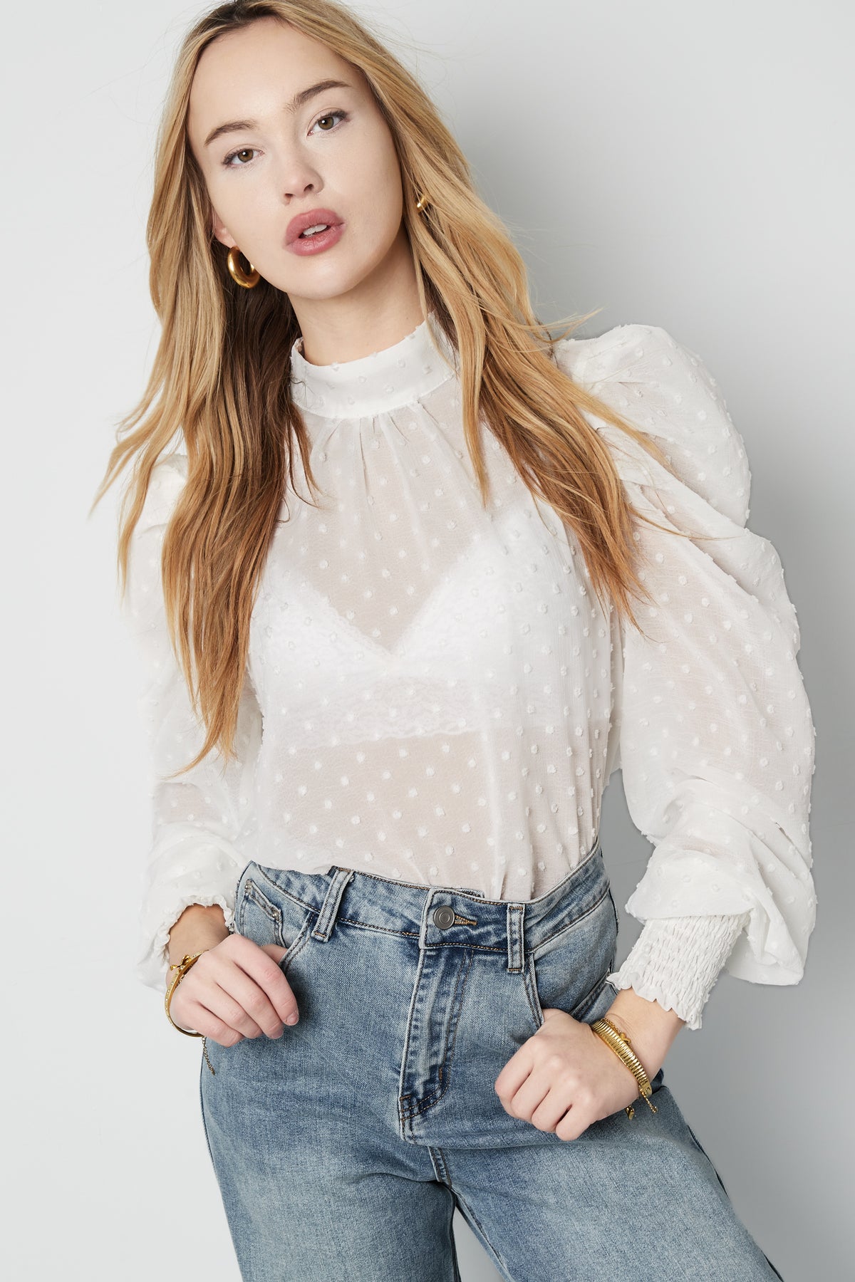 Poliestere Donna Maglia Manica Lunga Puff Sleeve Collo Alto