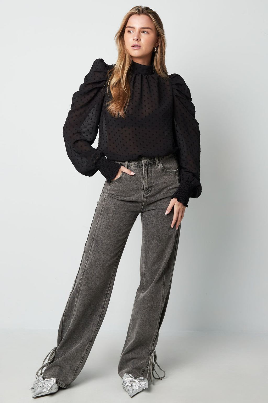 Poliestere Donna Maglia Manica Lunga Puff Sleeve Collo Alto