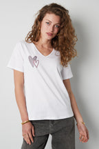 Cotone Maglietta Donna Collo a V Disegno Cuore Ricamato