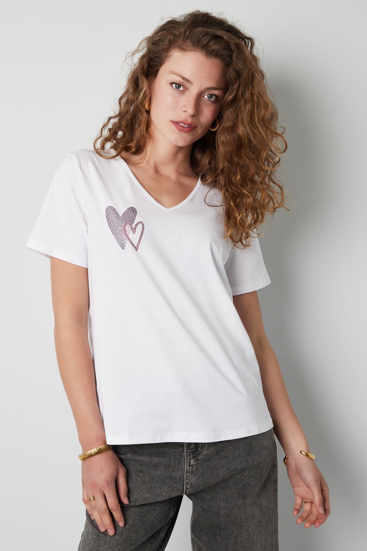 Cotone Maglietta Donna Collo a V Disegno Cuore Ricamato