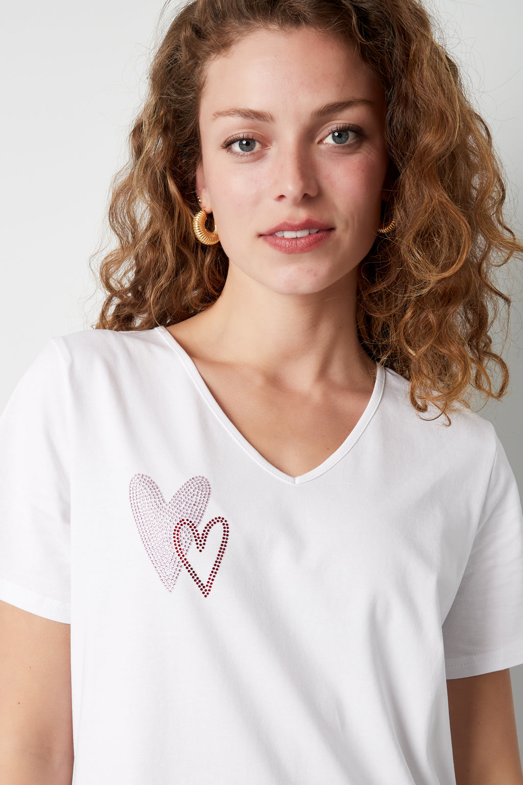Cotone Maglietta Donna Collo a V Disegno Cuore Ricamato