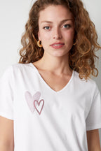 Cotone Maglietta Donna Collo a V Disegno Cuore Ricamato