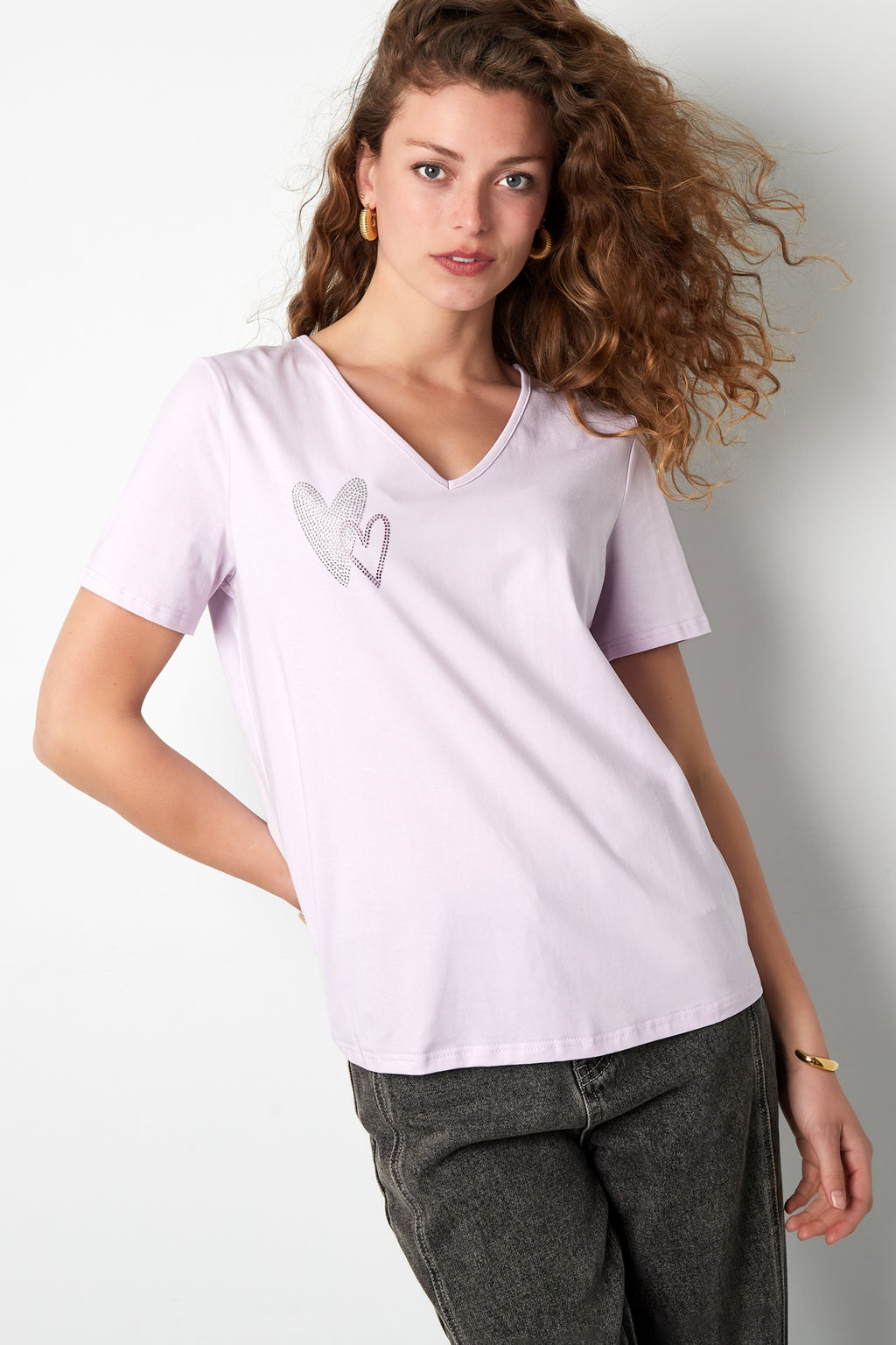 Cotone Maglietta Donna Collo a V Disegno Cuore Ricamato