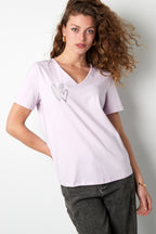 Cotone Maglietta Donna Collo a V Disegno Cuore Ricamato