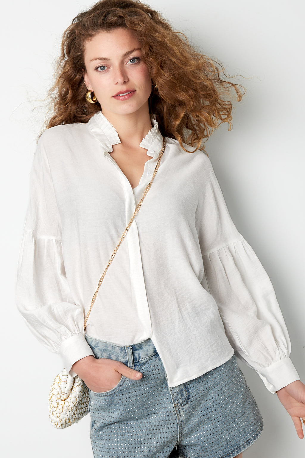 Camicia Donna in Viscosa Maniche A Palloncino Collo Alto