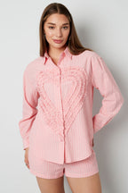 Cotton Woven Camicia Donna Casual Stripes Cuore Ruffle Detail