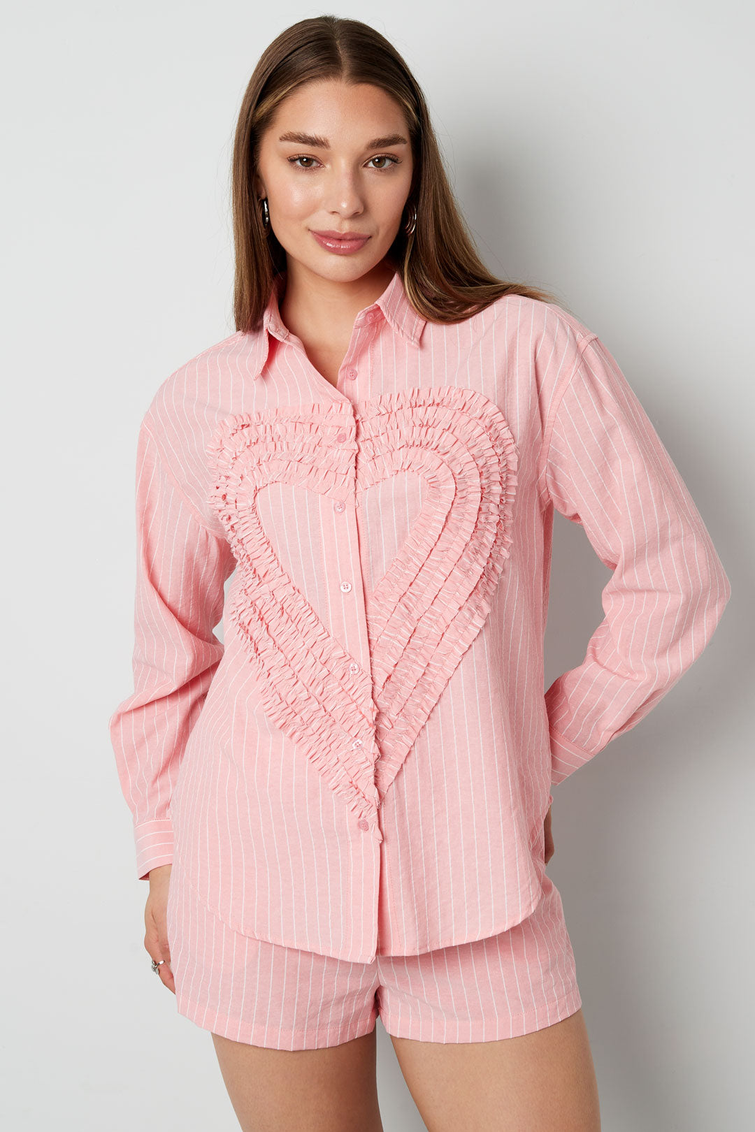 Cotton Woven Camicia Donna Casual Stripes Cuore Ruffle Detail
