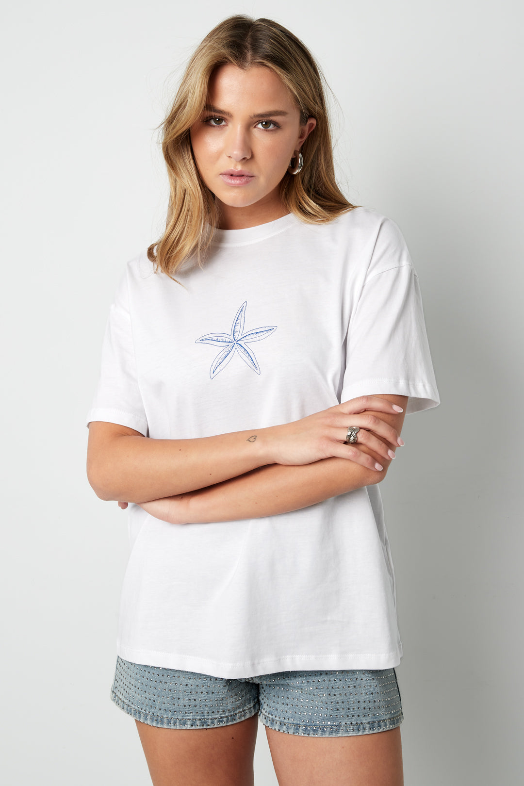 Cotone Maglietta Donna Casual Ricamo Stella Marina
