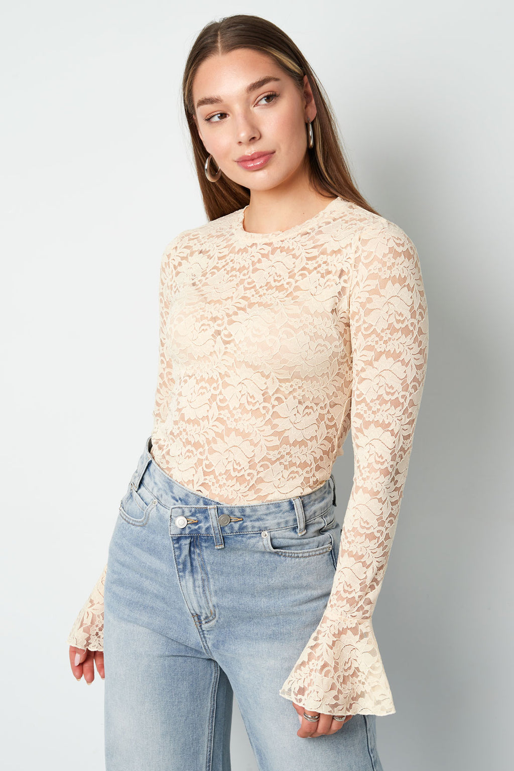 Tessuto Poliestere Maglie Lunghe Top Elegante Pannello di Pizzo