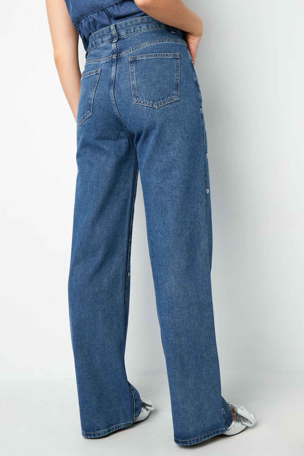 Cotone Tessuto Donna Pantaloni Dritti Jeans Ricamo Cuore Casual
