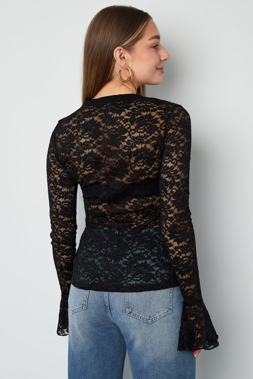 Tessuto Poliestere Maglie Lunghe Top Elegante Pannello di Pizzo