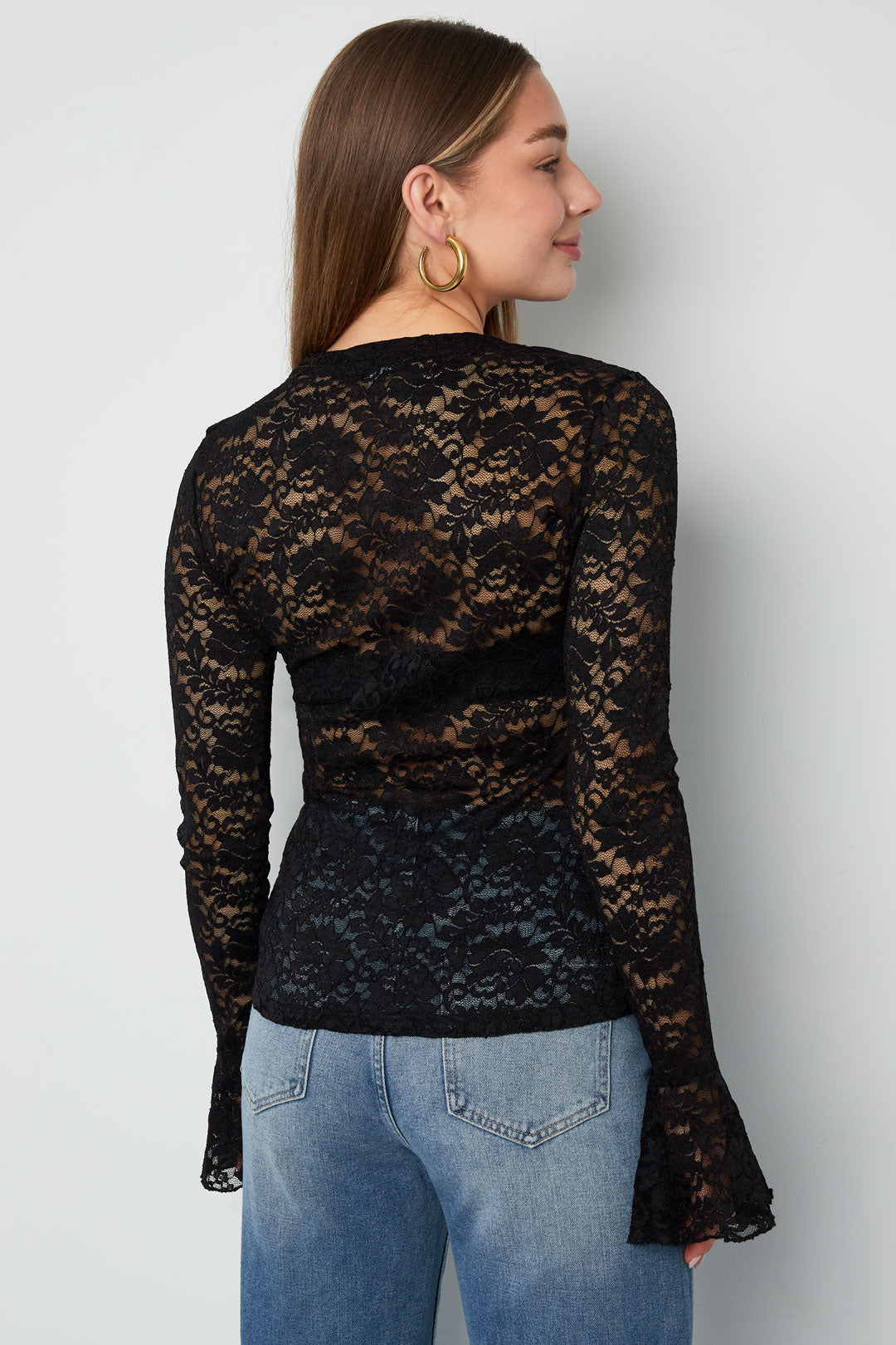 Tessuto Poliestere Maglie Lunghe Top Elegante Pannello di Pizzo