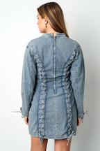 Cotton Woven Denim Dress Elegant Tie-up Solid Color