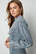 Cotton Woven Denim Dress Elegant Tie-up Solid Color