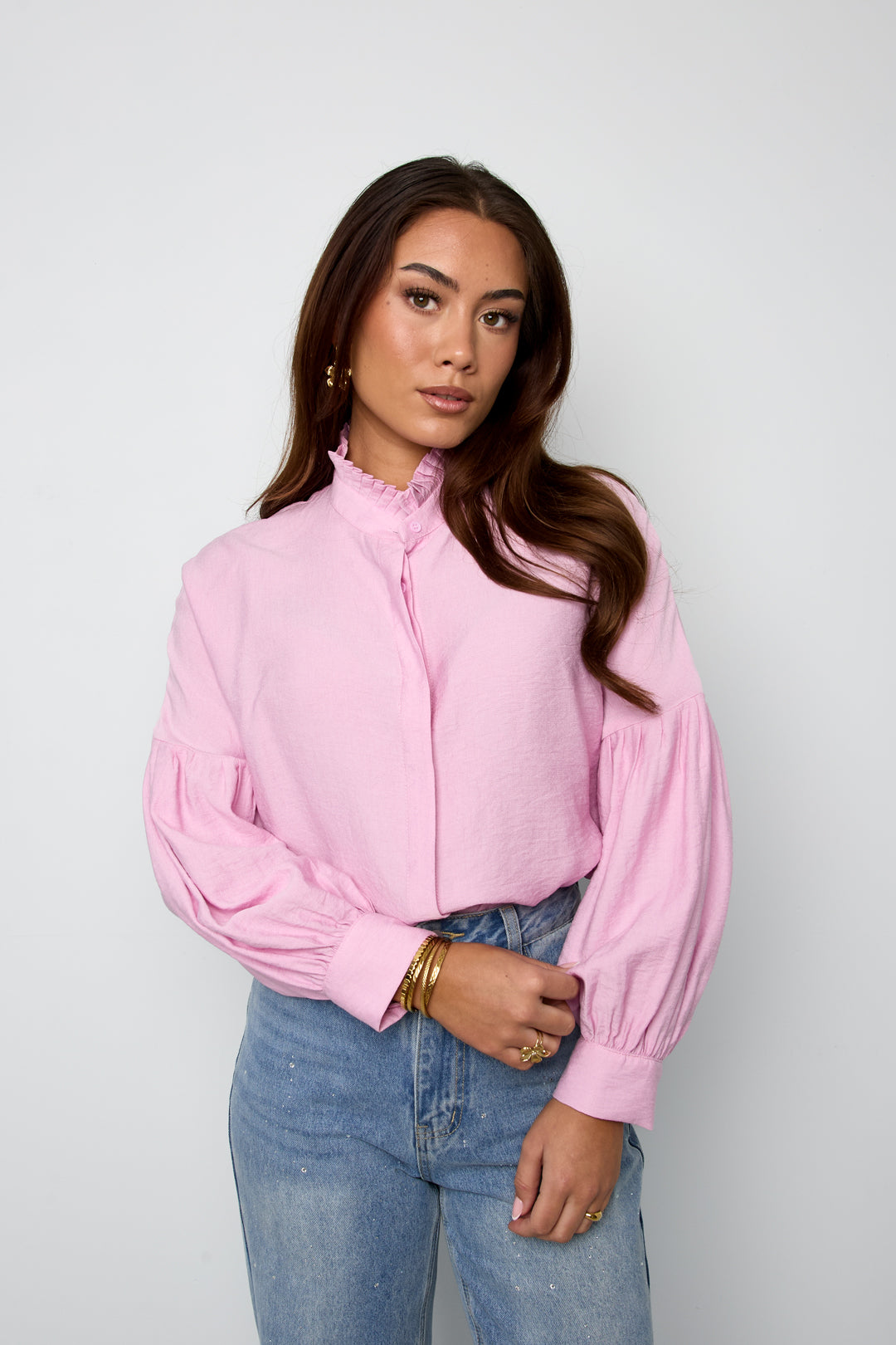 Camicia Donna in Viscosa Maniche A Palloncino Collo Alto