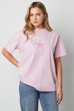 Cotone Maglietta Donna Casual Ricamo Stella Marina