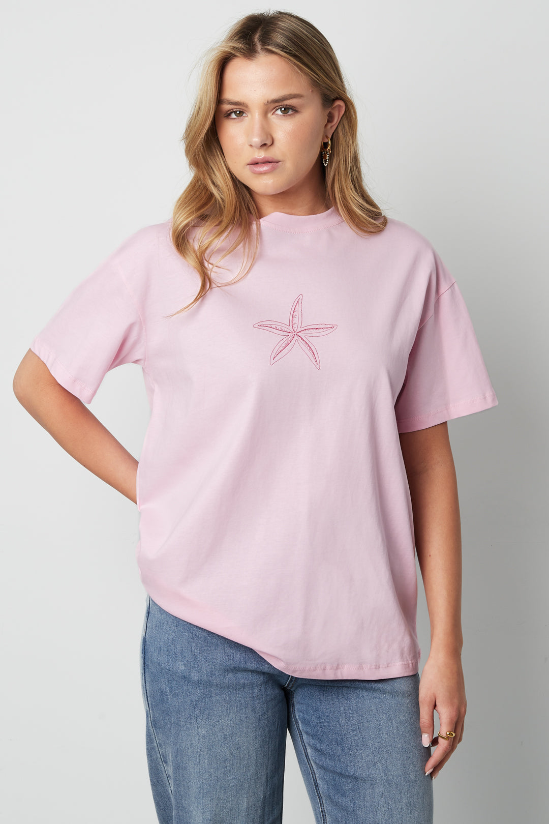 Cotone Maglietta Donna Casual Ricamo Stella Marina