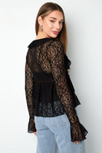 Tessuto Pizzo Donna Maglia Maniche Lunghe Elegante Dettaglio Volant
