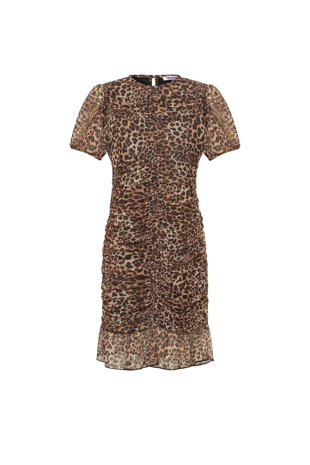 Abito Mini in Poliestere Tessuto Elegante Stampa Leopardo Orlo a Volant