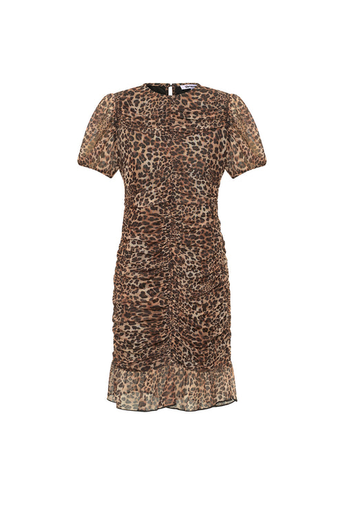 Abito Mini in Poliestere Tessuto Elegante Stampa Leopardo Orlo a Volant