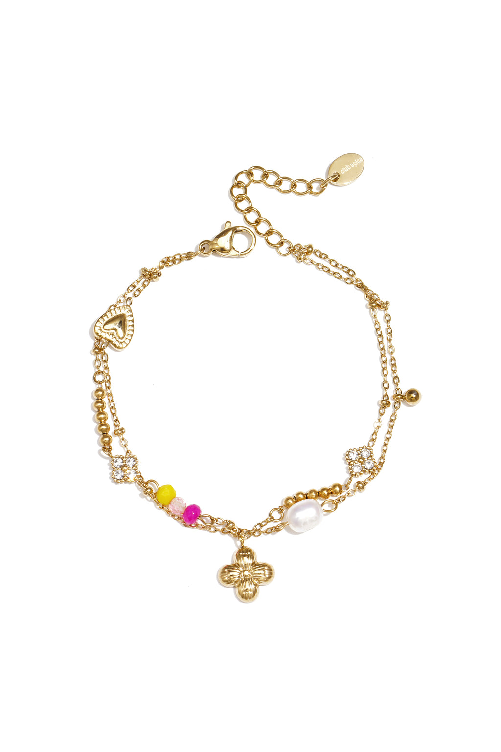 Bracciale con ciondolo a forma di quadrifoglio, perla e perline