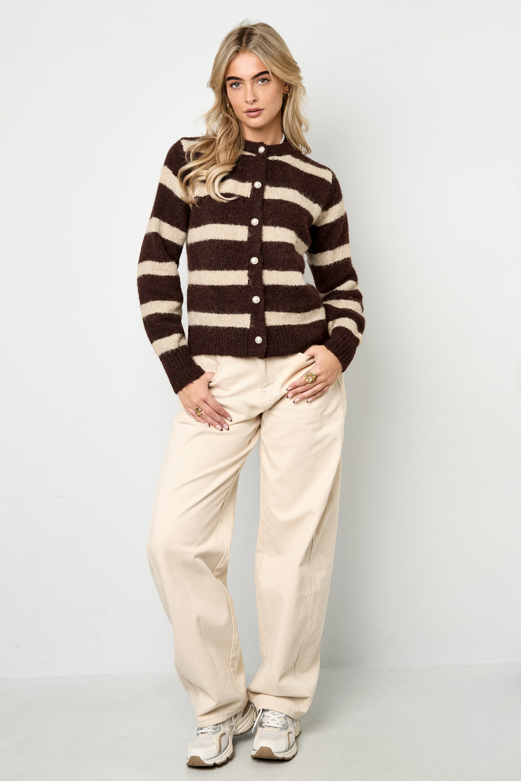 Cardigan Donna in Fibra di Poliestere Maglia Stile Casual a Righe