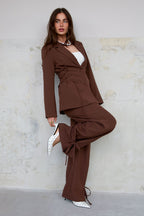 Pantaloni Dritti Donna in Fibra di Poliestere Tessuta Stile Casual con Legacci