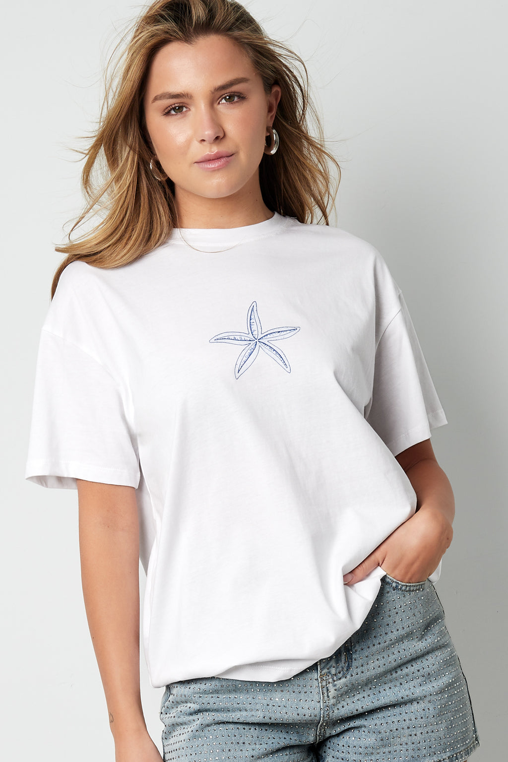 Cotone Maglietta Donna Casual Ricamo Stella Marina