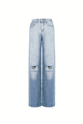 Cotton Woven Donna Jeans Pantaloni Dritti Ripped