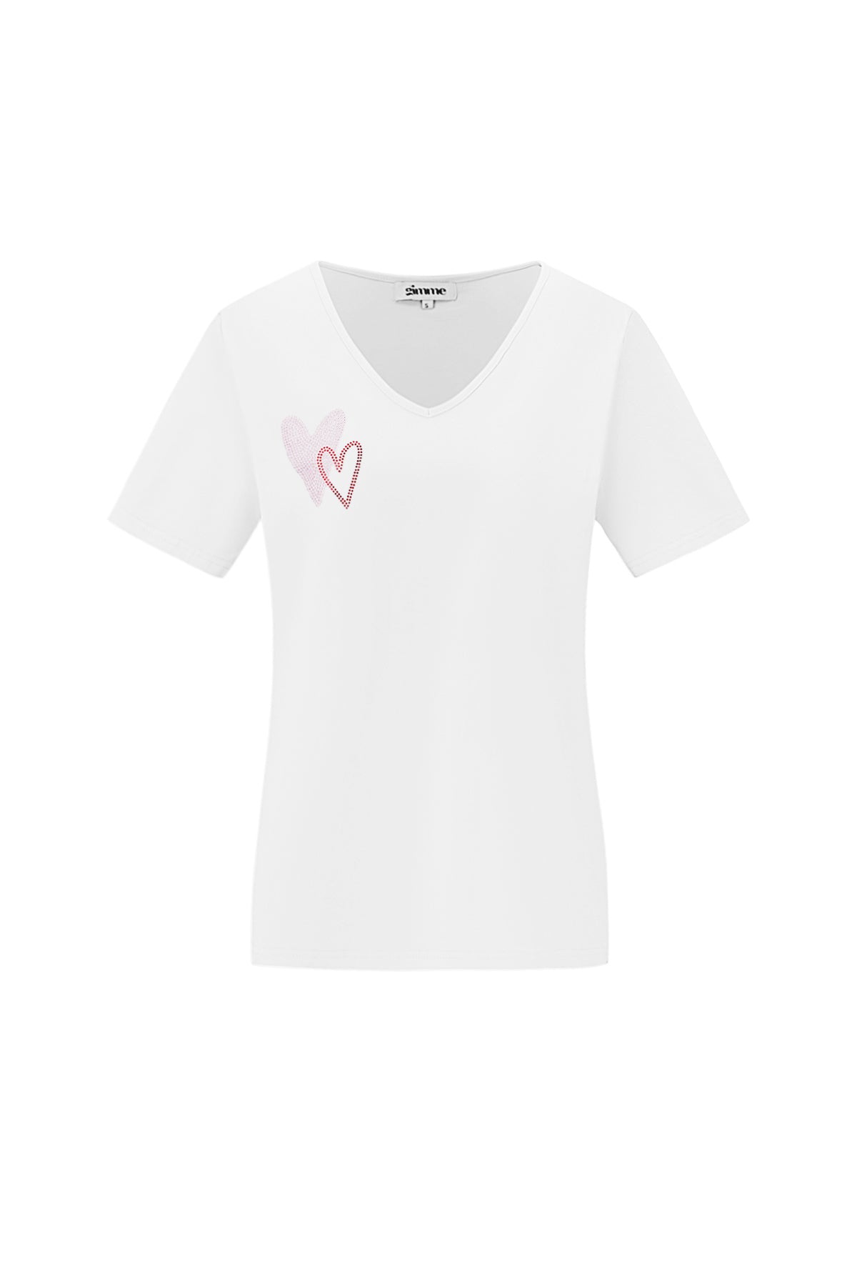Cotone Maglietta Donna Collo a V Disegno Cuore Ricamato