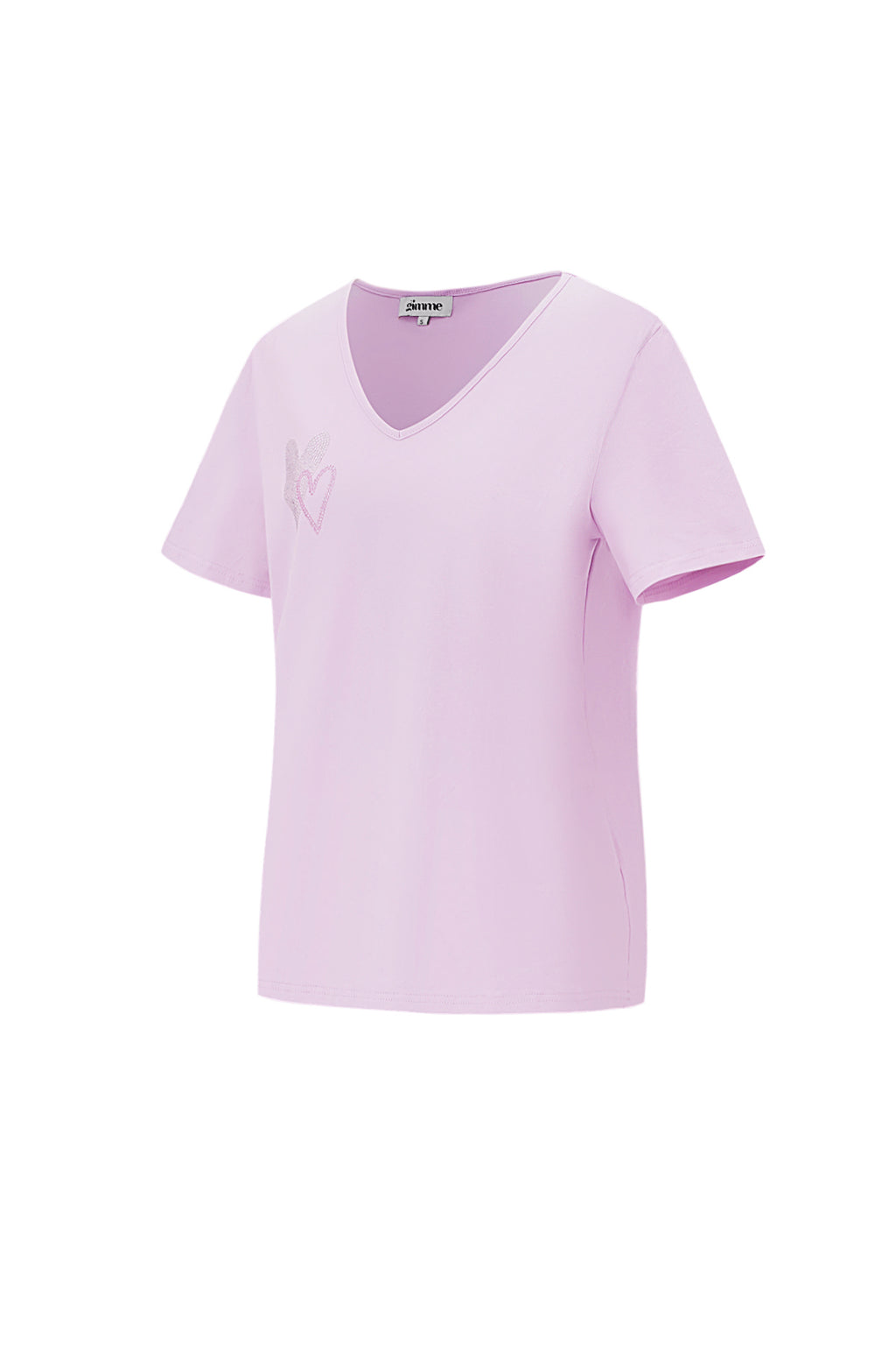 Cotone Maglietta Donna Collo a V Disegno Cuore Ricamato