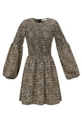 Abito Mini Donna in Poliestere Stampa Leopardo Maniche A Palloncino
